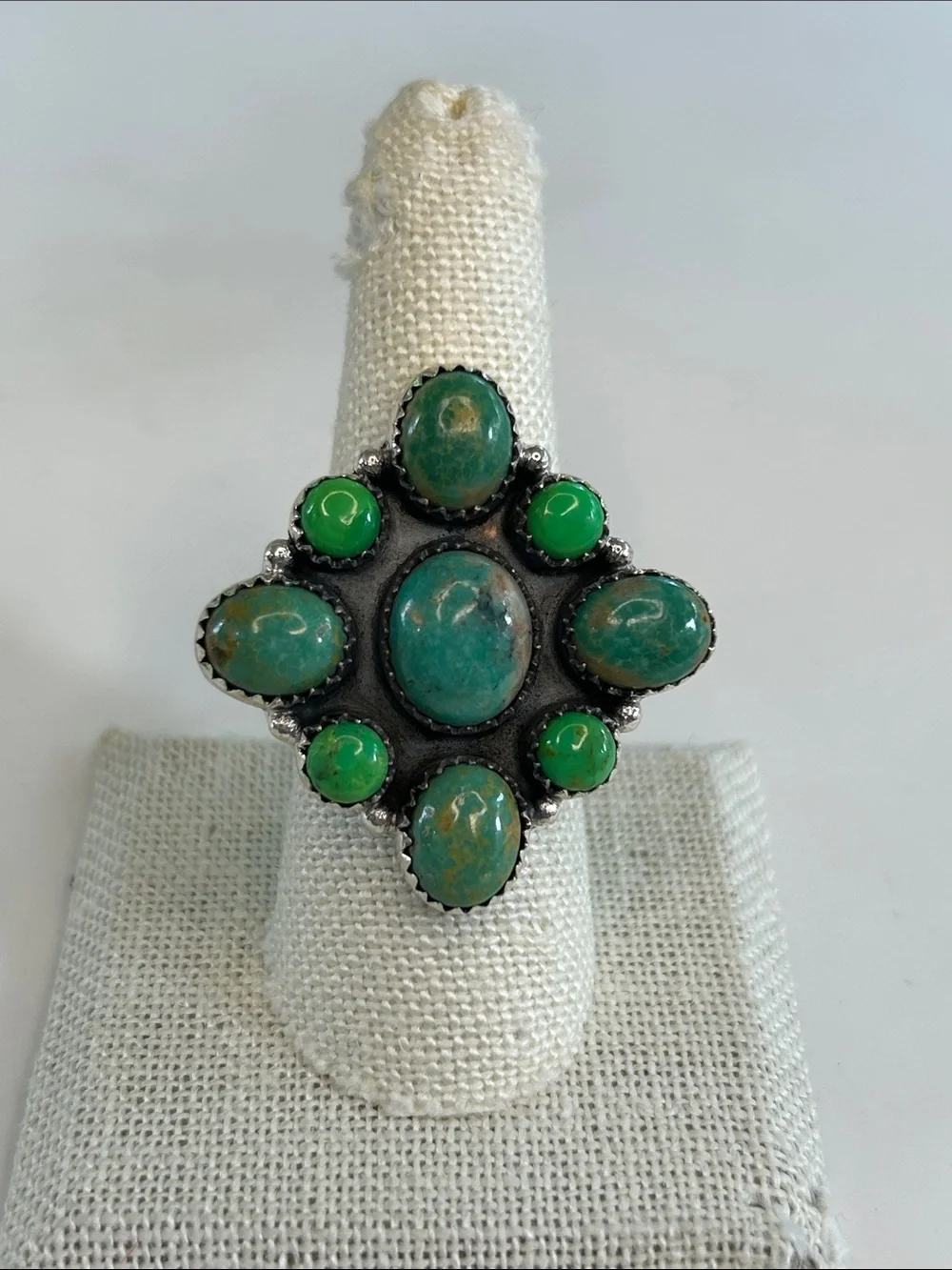 Southwest Sterling Silver Green Apple Mojave & Blue Turquoise Statement Ring 13g